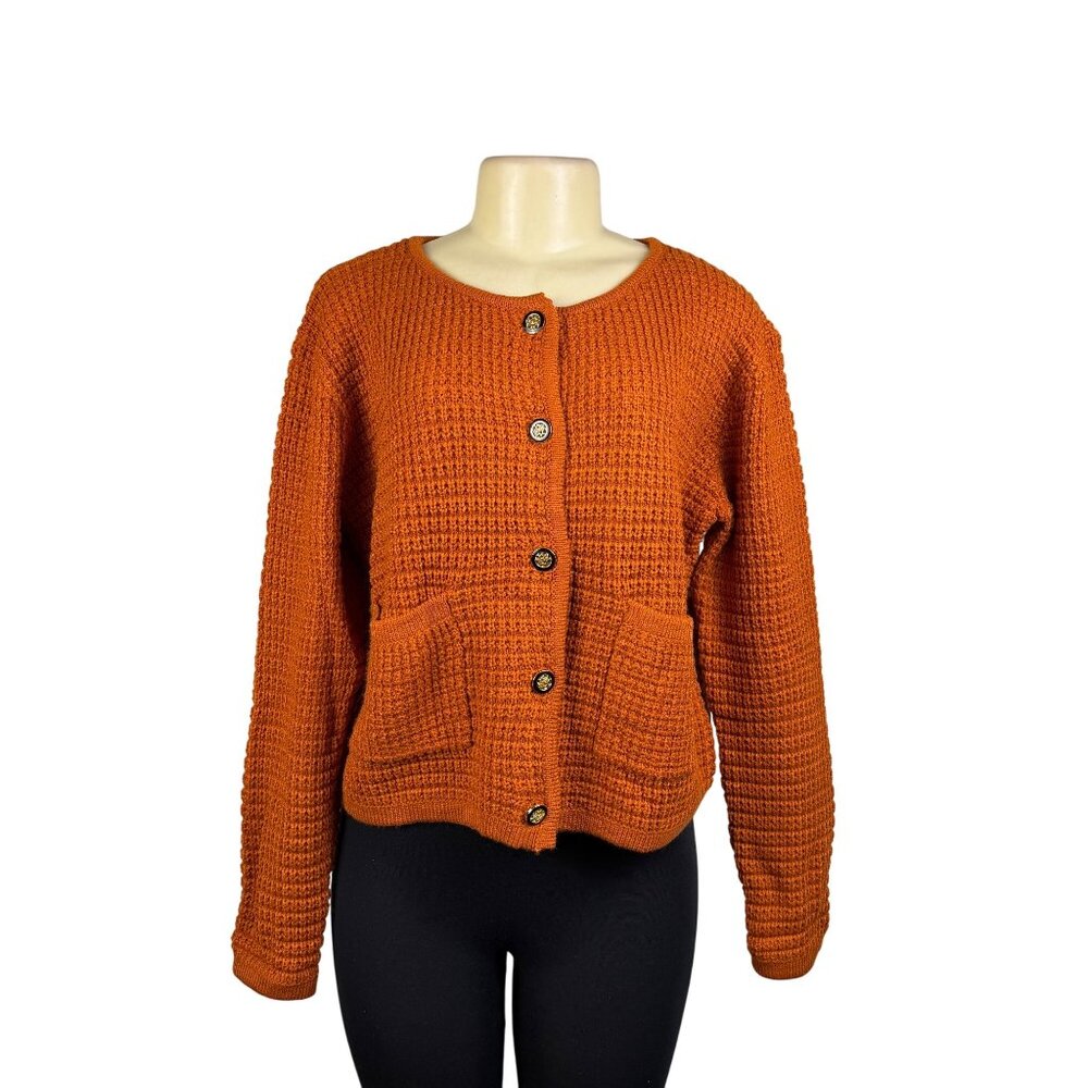 Pretty Garden Chic Womens Orange Knitted Button-Up Cardigan Sweater With Two Poc
